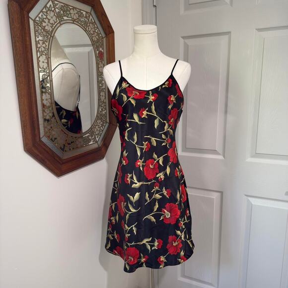 VTG Y2K Opulence Black & Red Rose Floral Romantic Grunge Mini Slip Dress L/M - Picture 1 of 7